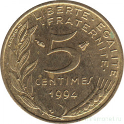 Монета. Франция. 5 сантимов 1994 год. Пчела (знак гравёра).