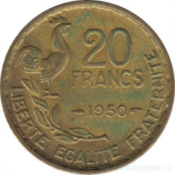 Монета. Франция. 20 франков 1950 год. Монетный двор - Париж. Аверс - в хвосте петуха 3 пера. Реверс - GEORGES GUIRAUD.