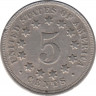 Монета. США. 5 центов 1867 год. Реверс - только звёзды.