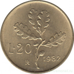 Монета. Италия. 20 лир 1982 год.