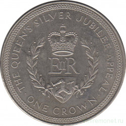Монета. Великобритания. Остров Мэн. 1 крона 1977 год. 25 лет правления королевы Елизаветы II. Монограмма.