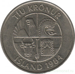 Монета. Исландия. 10 крон 1984 год.