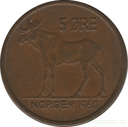 Монета. Норвегия. 5 эре 1960 год.