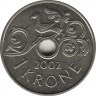  Монета. Норвегия. 1 крона 2002 год. ав.