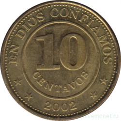 Монета. Никарагуа. 10 сентаво 2002 год.
