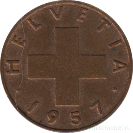 Монета. Швейцария. 1 раппен 1957 год.