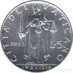 Монета. Ватикан. 5 лир 1953 год. Справедливость.