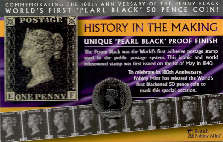 Монета. Гибралтар. 50 пенсов 2020 год. 180 лет почтовой марке «Чёрный пенни», в блистере.