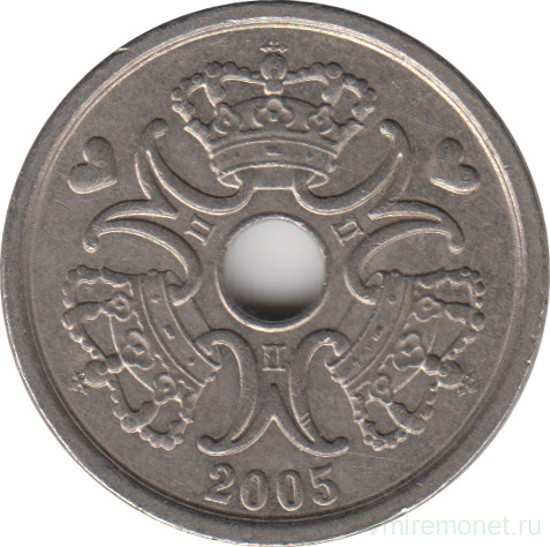 Монета. Дания. 1 крона 2005 год.