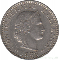 Монета. Швейцария. 20 раппенов 1958 год.