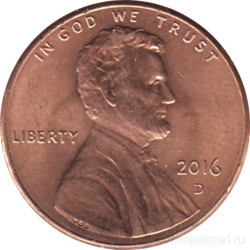 Монета. США. 1 цент 2016 год. Монетный двор D.