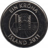  Монета. Исландия. 1 крона 2011 год. ав.