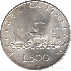 Монета. Италия. 500 лир 1966 год. Корабли Колумба.