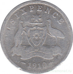 Монета. Австралия. 6 пенсов 1910 год.