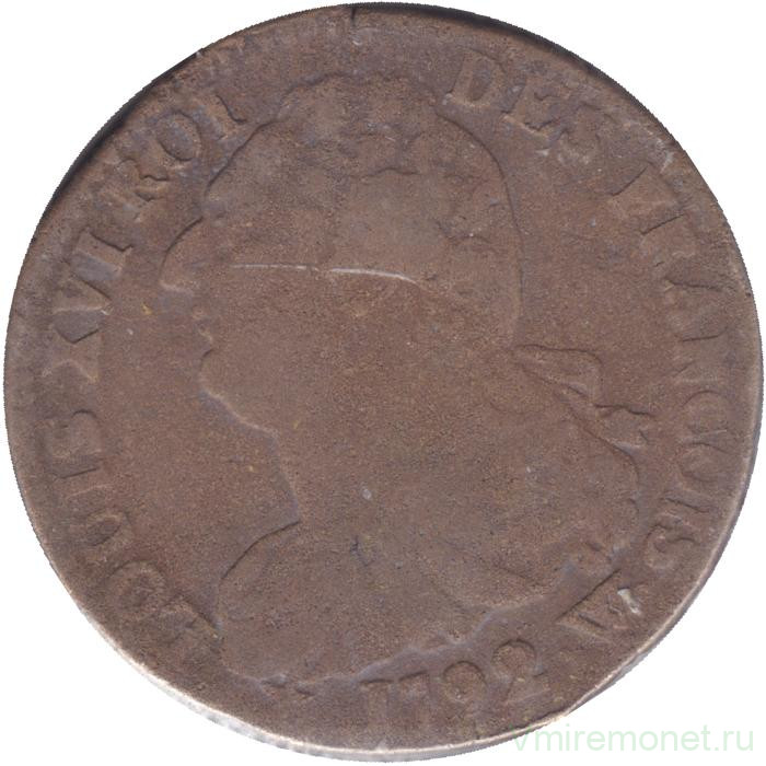 Монета. Франция. 2 соля 1792 год. Надпись "ROI DES FRANÇOIS". Отметка монетного двора "W" - Лилль.