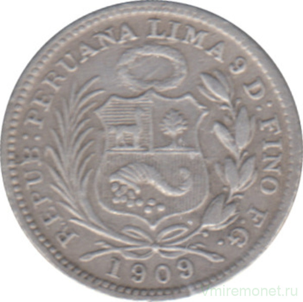 Монета. Перу. 1/2 динеро 1909 год.