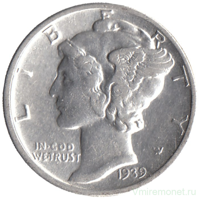 Монета. США. 10 центов 1939 год.