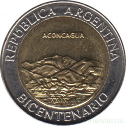Монета. Аргентина. 1 песо 2010 год. 200 лет Аргентине. Вулкан Аконкагуа.