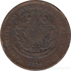 Монета. Бразилия. 20 рейсов 1894 год.