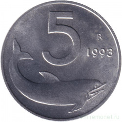 Монета. Италия. 5 лир 1993 год.