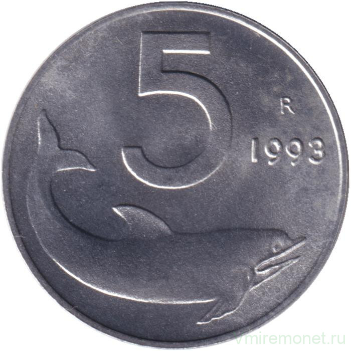 Монета. Италия. 5 лир 1993 год. Монета. Италия. 5 лир 1993 год.