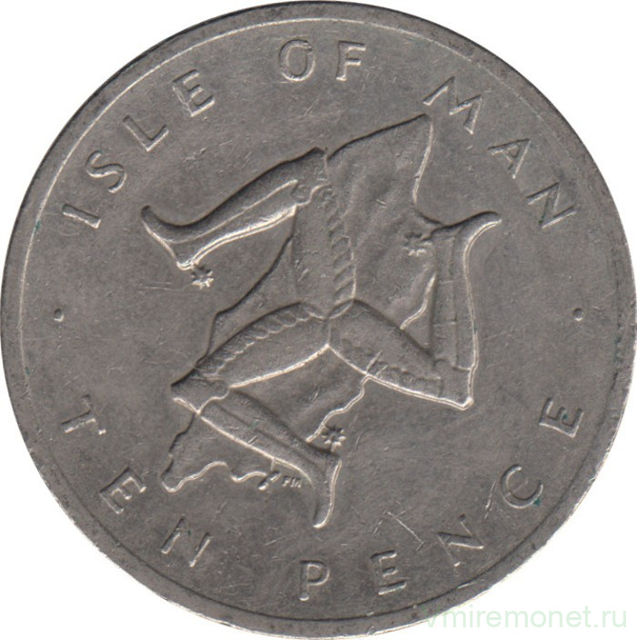 Монета. Великобритания. Остров Мэн. 10 пенсов 1977 год. Минтмарк с обоих сторон монеты.