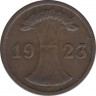 Монета. Германия. Веймарская республика. 2 рентенпфеннига 1923 год. Монетный двор - Штутгарт (F). ав.