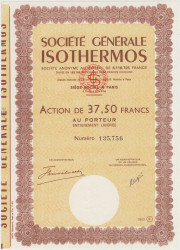 Акция. Франция. Париж. Акционерное общество "ISOTHERMOS". Акция на предъявителя в 37.5 франков 1963 год.