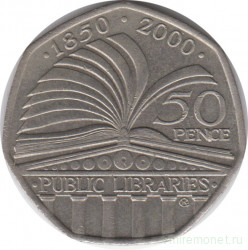 Монета. Великобритания. 50 пенсов 2000 год. 150 лет публичной библиотеке.
