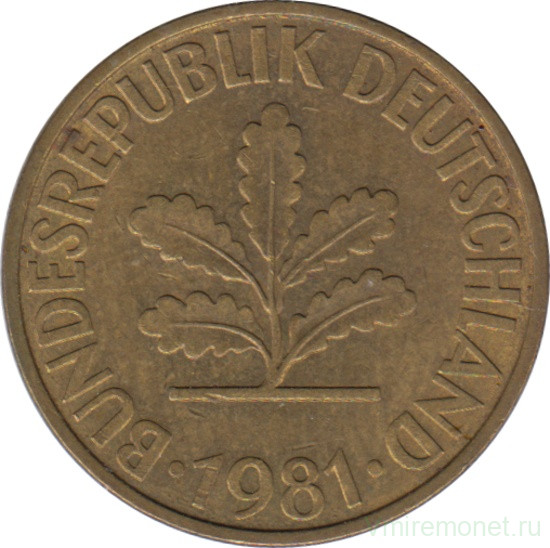 Монета. ФРГ. 10 пфеннигов 1981 год. Монетный двор - Гамбург (J).