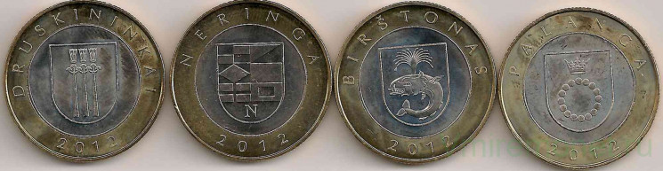 Монеты. Литва. 2 лита 2012 год. Набор 4 штуки Курорты Литвы.