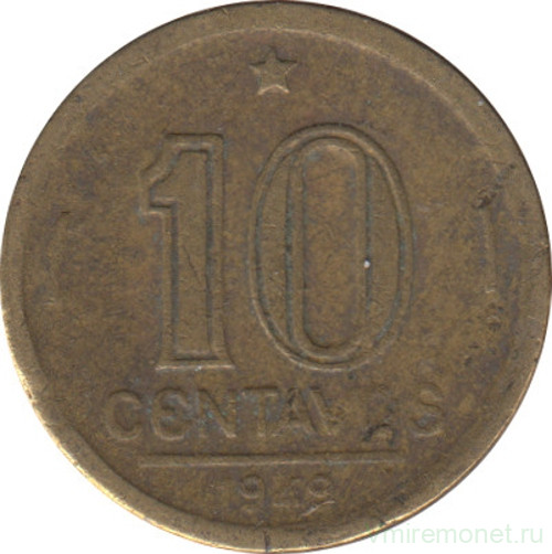 Монета. Бразилия. 10 сентаво 1949 год.