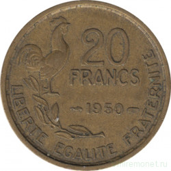Монета. Франция. 20 франков 1950 год. Монетный двор - Париж. Аверс - в хвосте петуха 4 пера. Реверс - G. GUIRAUD.