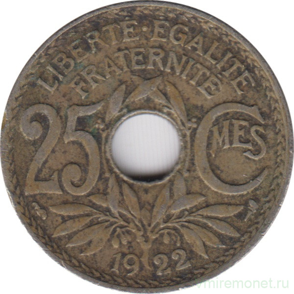 Монета. Франция. 25 сантимов 1922 год.