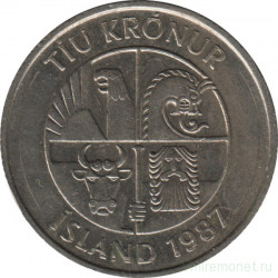 Монета. Исландия. 10 крон 1987 год.