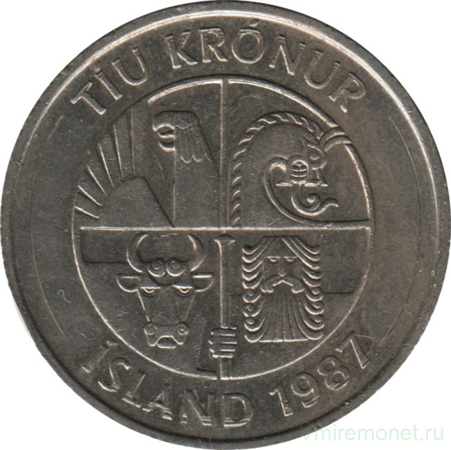 Монета. Исландия. 10 крон 1987 год.