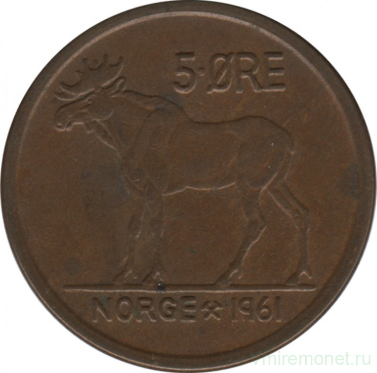 Монета. Норвегия. 5 эре 1961 год.