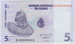 Банкнота. Демократическая Республика Конго. 5 сантимов 1997 год. Тип 81а.