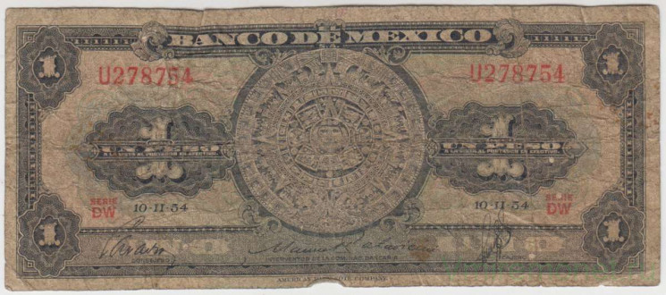 Банкнота. Мексика. 1 песо 1954 год. Тип 56а.