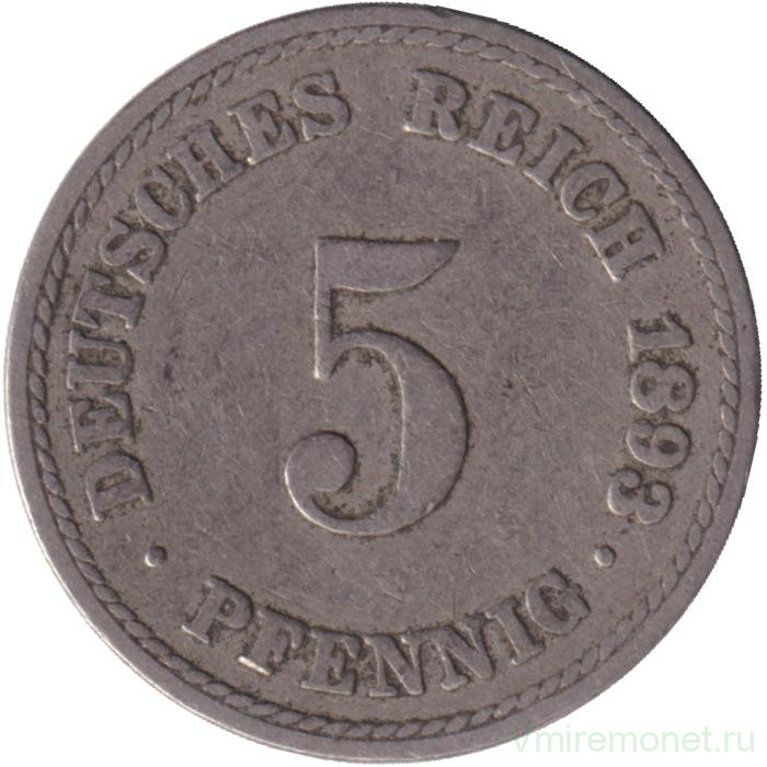 Монета. Германская империя. 5 пфеннигов 1893 год. (A).