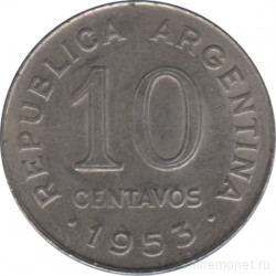 Монета. Аргентина. 10 сентаво 1953 год.