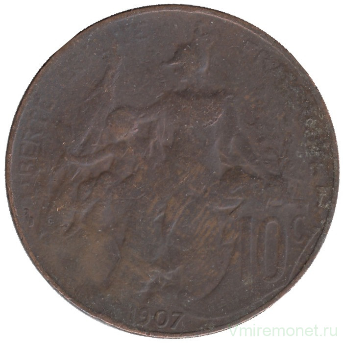 Монета. Франция. 10 сантимов 1907 год. Монета. Франция. 10 сантимов 1907 год.