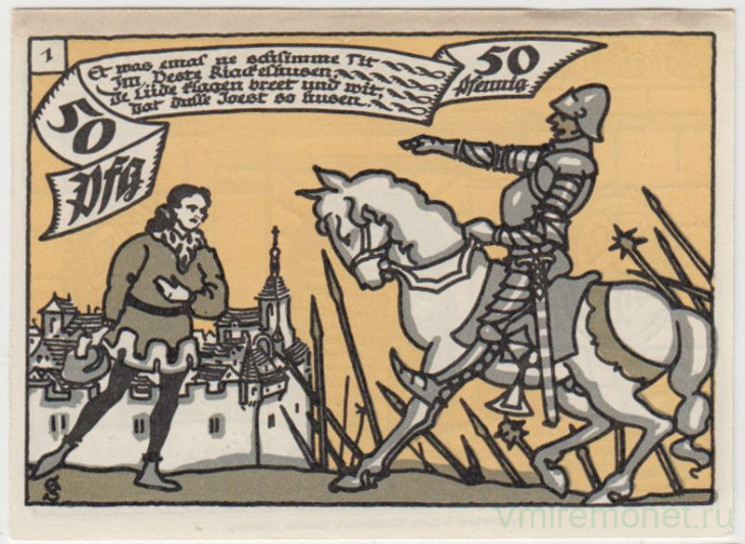 Бона. Нотгельд. Германия. Город Херне. 50 пфеннигов 1921 год. Вариант 602.1.1.