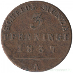 Монета. Германия. Пруссия. 3 пфеннига 1837 год. А.
