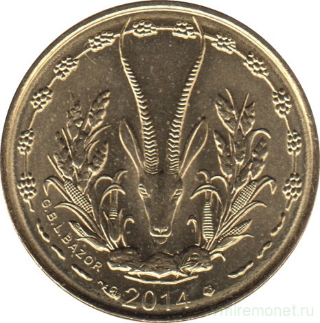 Монета. Западноафриканский экономический и валютный союз (ВСЕАО). 5 франков 2014 год.