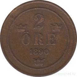 Монета. Швеция. 2 эре 1890 год.