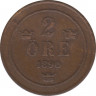  Монета. Швеция. 2 эре 1890 год. ав.