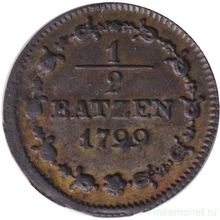 Монета. Швейцария. 1/2 батцена 1799 год. Число "5" на аверсе.