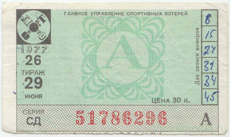 Лотерейный билет. СССР. Главное управление спортивных лотерей. Корешок от билета лотереи "Спортлото". 26 тираж 1977 г. 