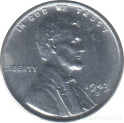 Монета. США. 1 цент 1943 год. Монетный двор D.